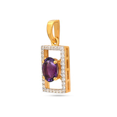 Gold pendant with purple gemstone and clear stones on a white background