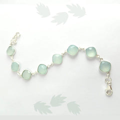 Round Pastel Green Chalcedony Silver Bracelet