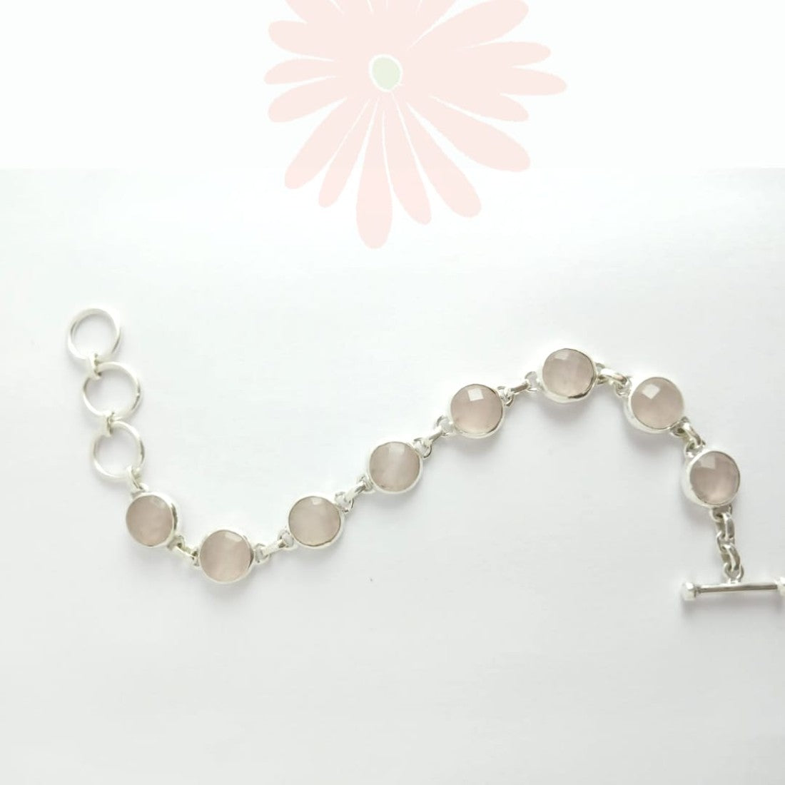 Round Pastel Pink Rose Quartz Silver Bracelet