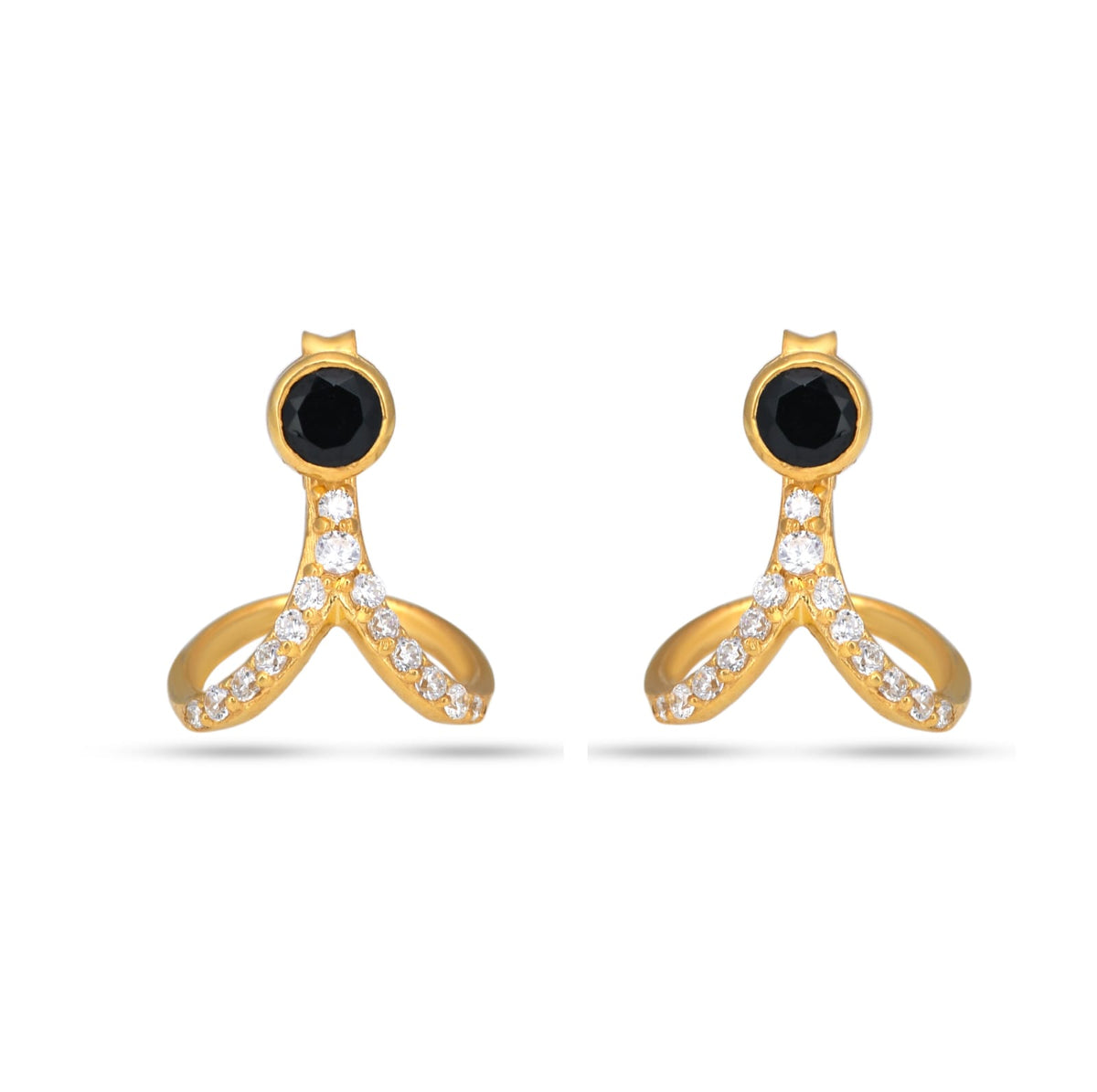 Gold earrings with black gemstones and clear stones on a white background