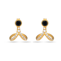 Gold earrings with black gemstones and clear stones on a white background