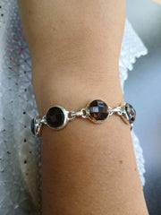 Round Brown Smoky Quartz Silver Bracelet
