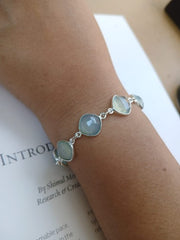 Round Pastel Green Chalcedony Silver Bracelet