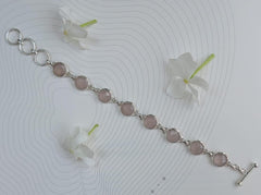Round Pastel Pink Rose Quartz Silver Bracelet