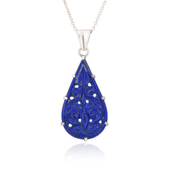 Royal Blue Carved Lapis Pendant & Earrings Set in 925 Sterling Silver