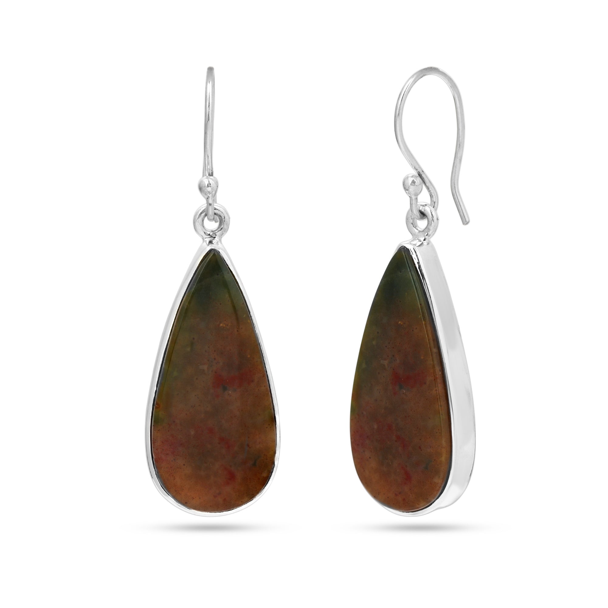 Teardrop-shaped earrings with brown and green stones on a white background