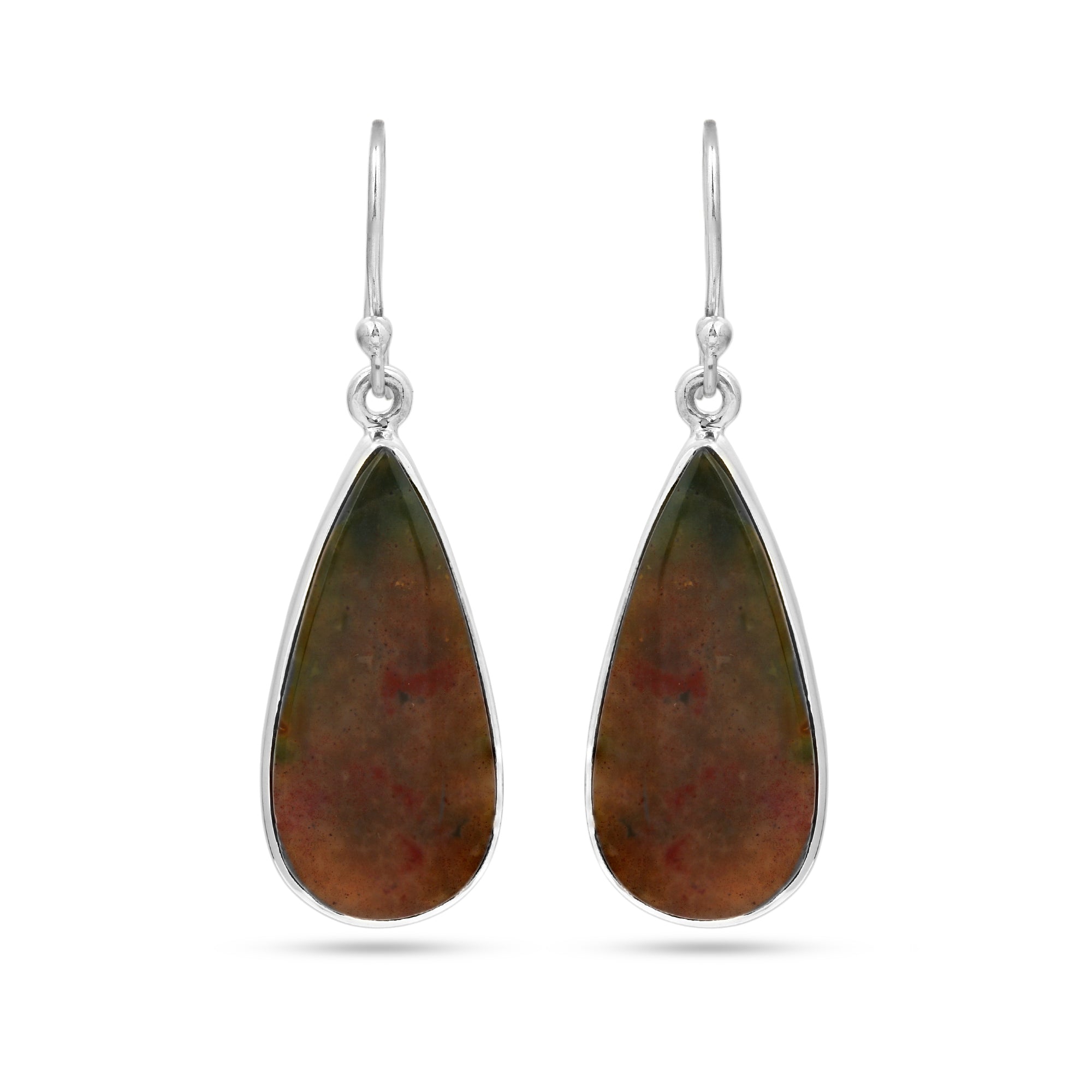 Teardrop-shaped earrings with green and brown stones on a white background