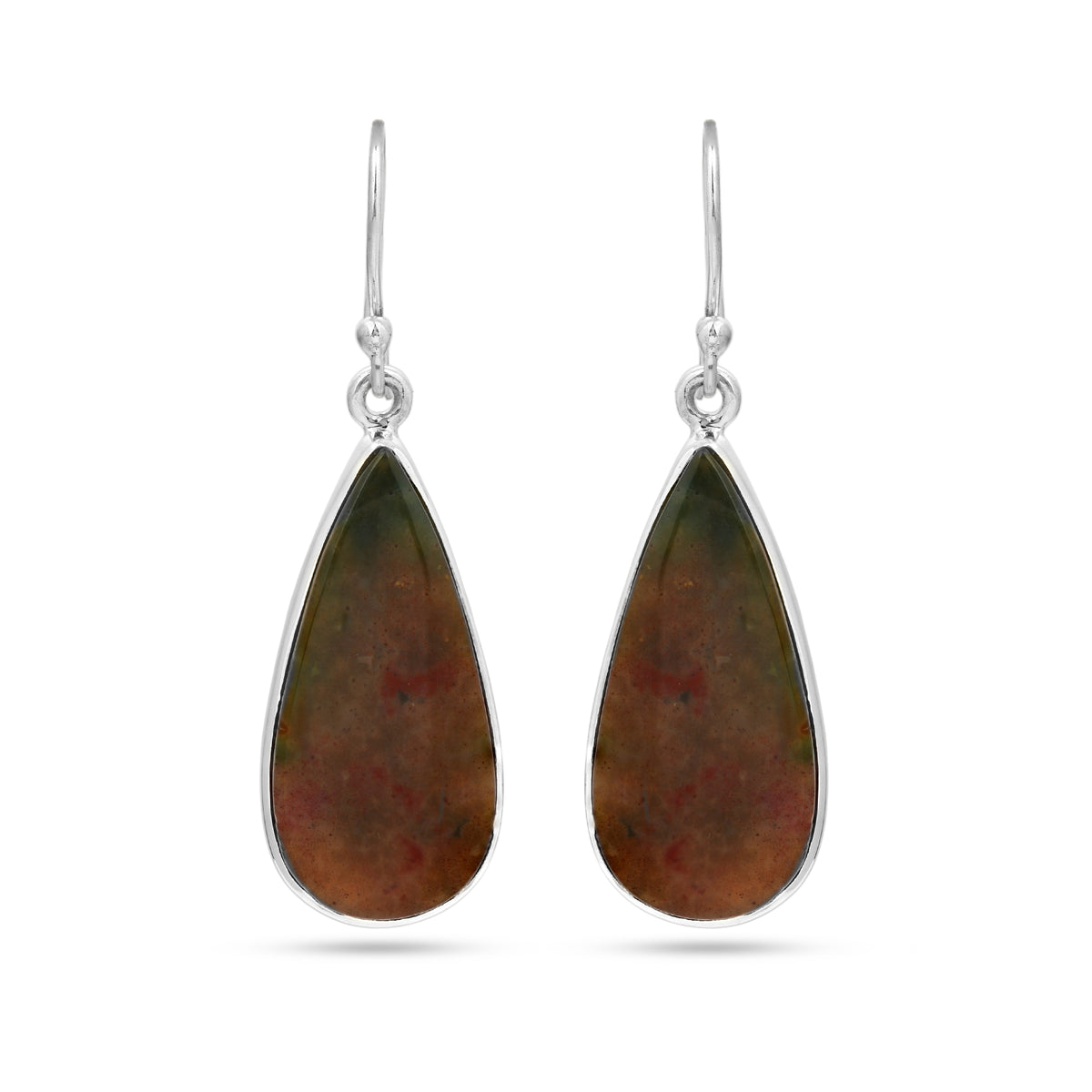 Teardrop-shaped earrings with green and brown stones on a white background