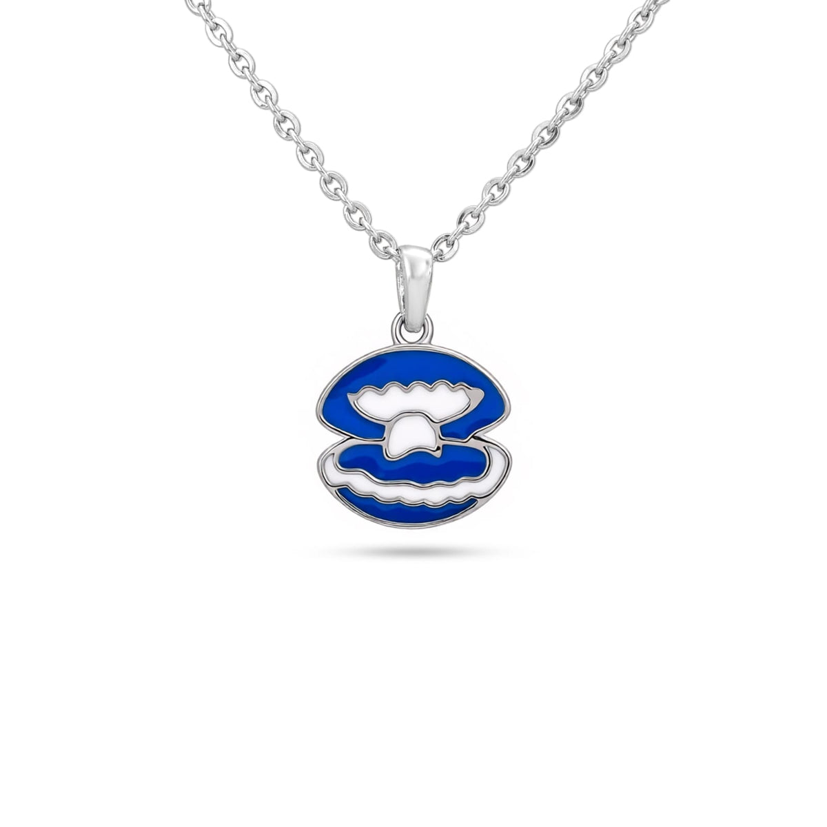 Silver necklace with a blue and white pendant on a white background