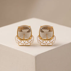 Smoky Quartz With White Enamel 925 Silver Earrings