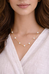 Close-up of a person wearing a gold necklace with pearls on a plain background