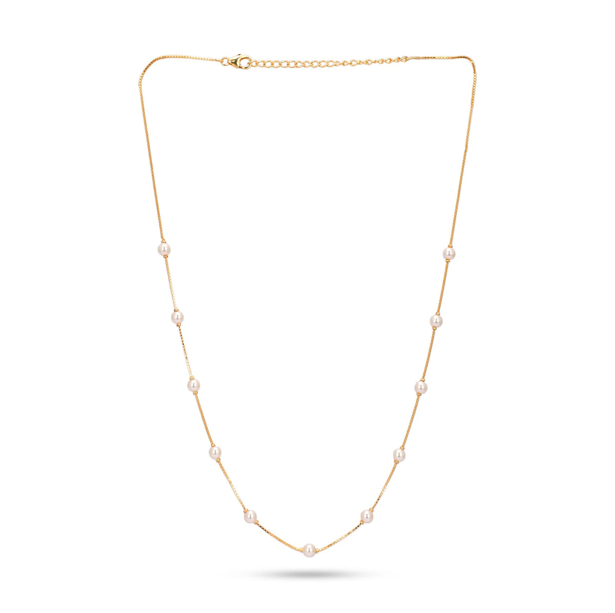 Gold necklace with pearls on a white background