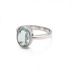 Silver ring with a green gemstone on a white background