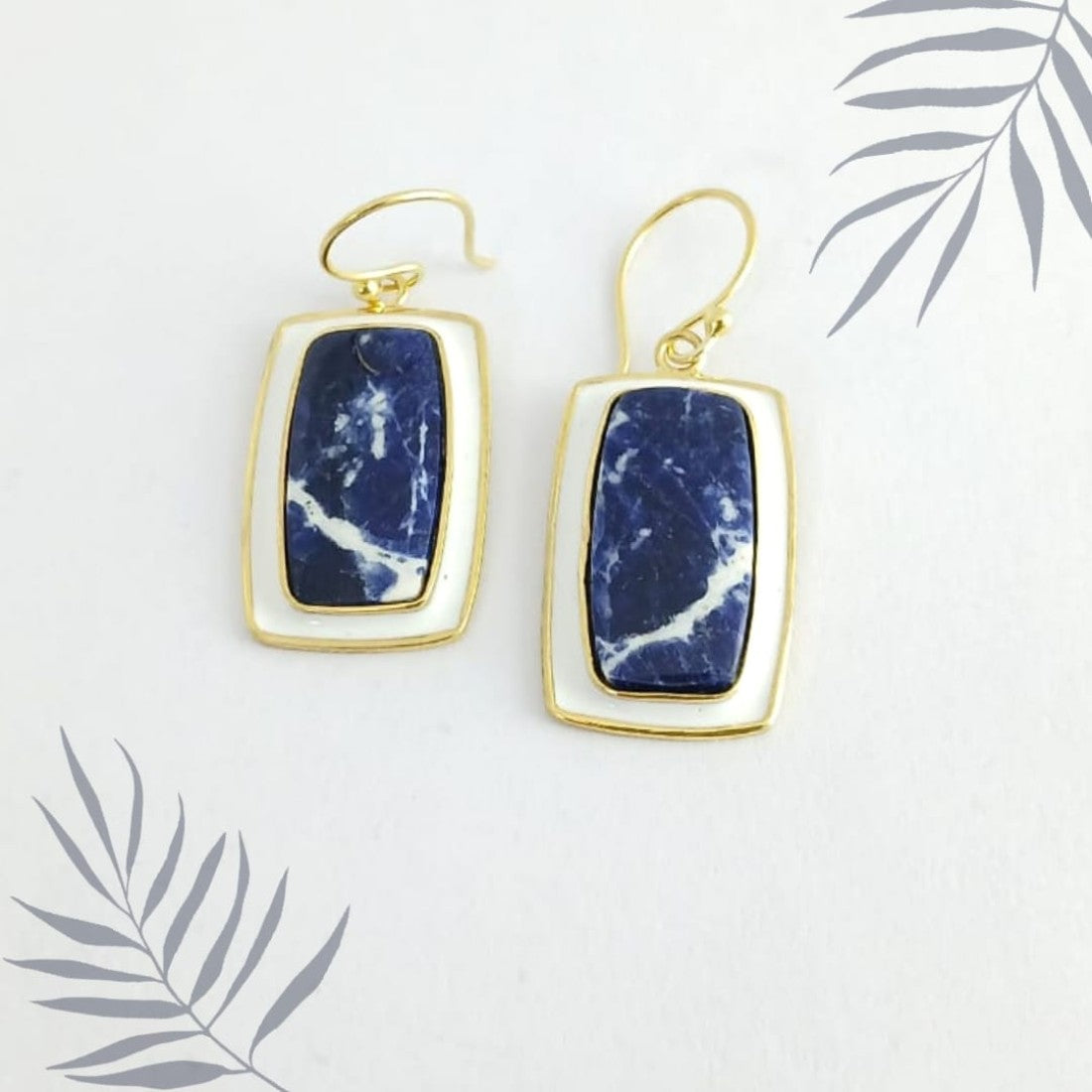 Square Blue Sodalite Silver Earring With White Enamel