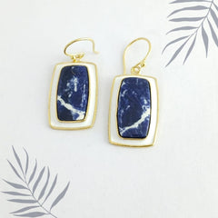 Square Blue Sodalite Silver Earring With White Enamel