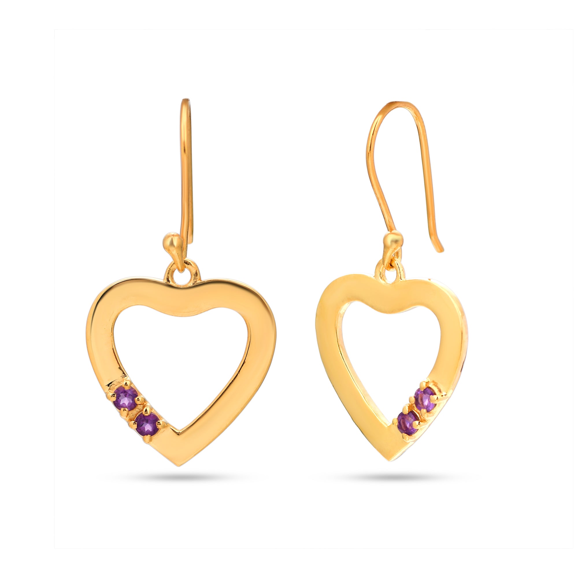 Gold heart-shaped earrings with purple gemstones on a white background