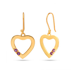 Gold heart-shaped earrings with purple gemstones on a white background