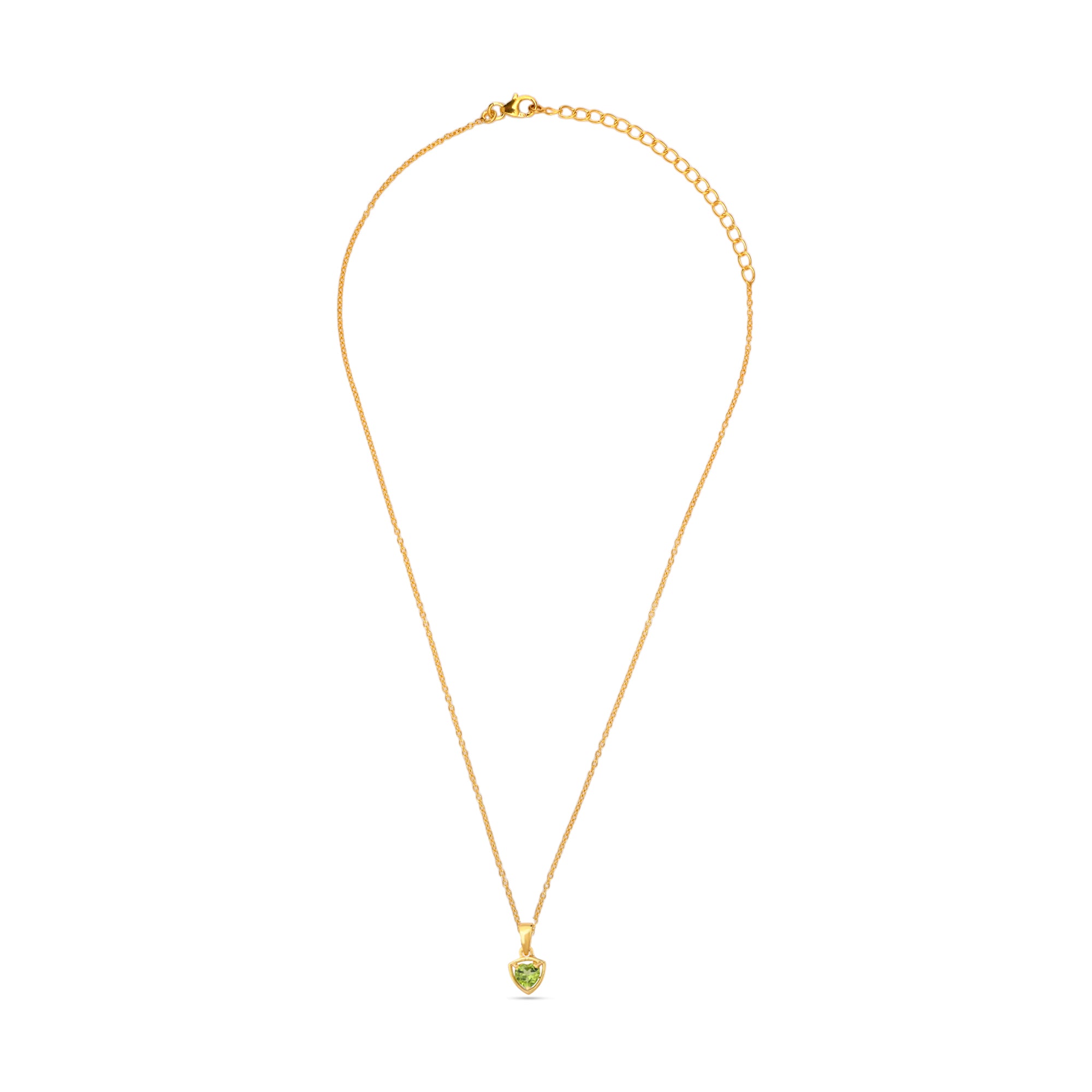 Gold necklace with a green heart pendant on a white background