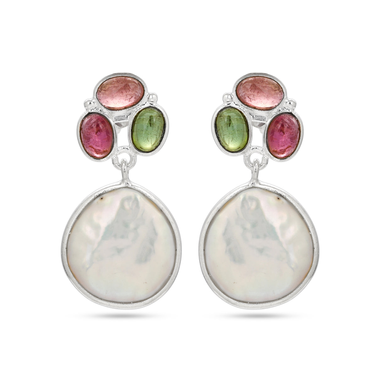Trinity Tourmaline & Mother of Pearl Dangle Earrings in 925 Silver