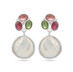 Trinity Tourmaline & Mother of Pearl Dangle Earrings in 925 Silver