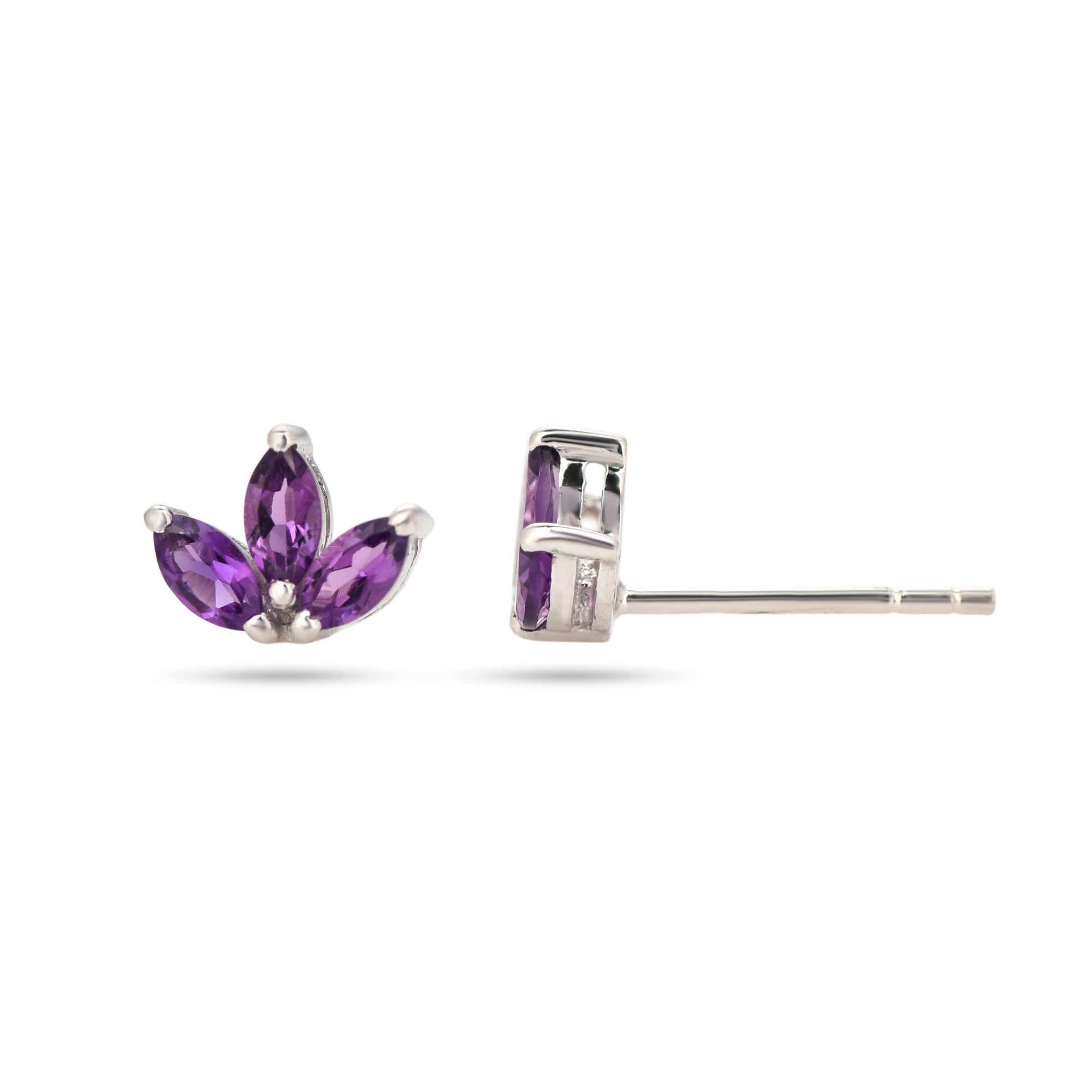 Pair of purple gemstone earrings on a white background