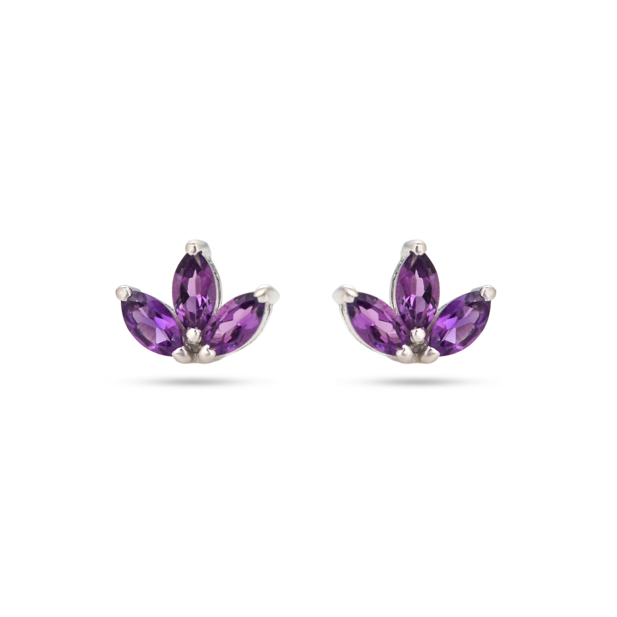Pair of purple gemstone earrings on a white background