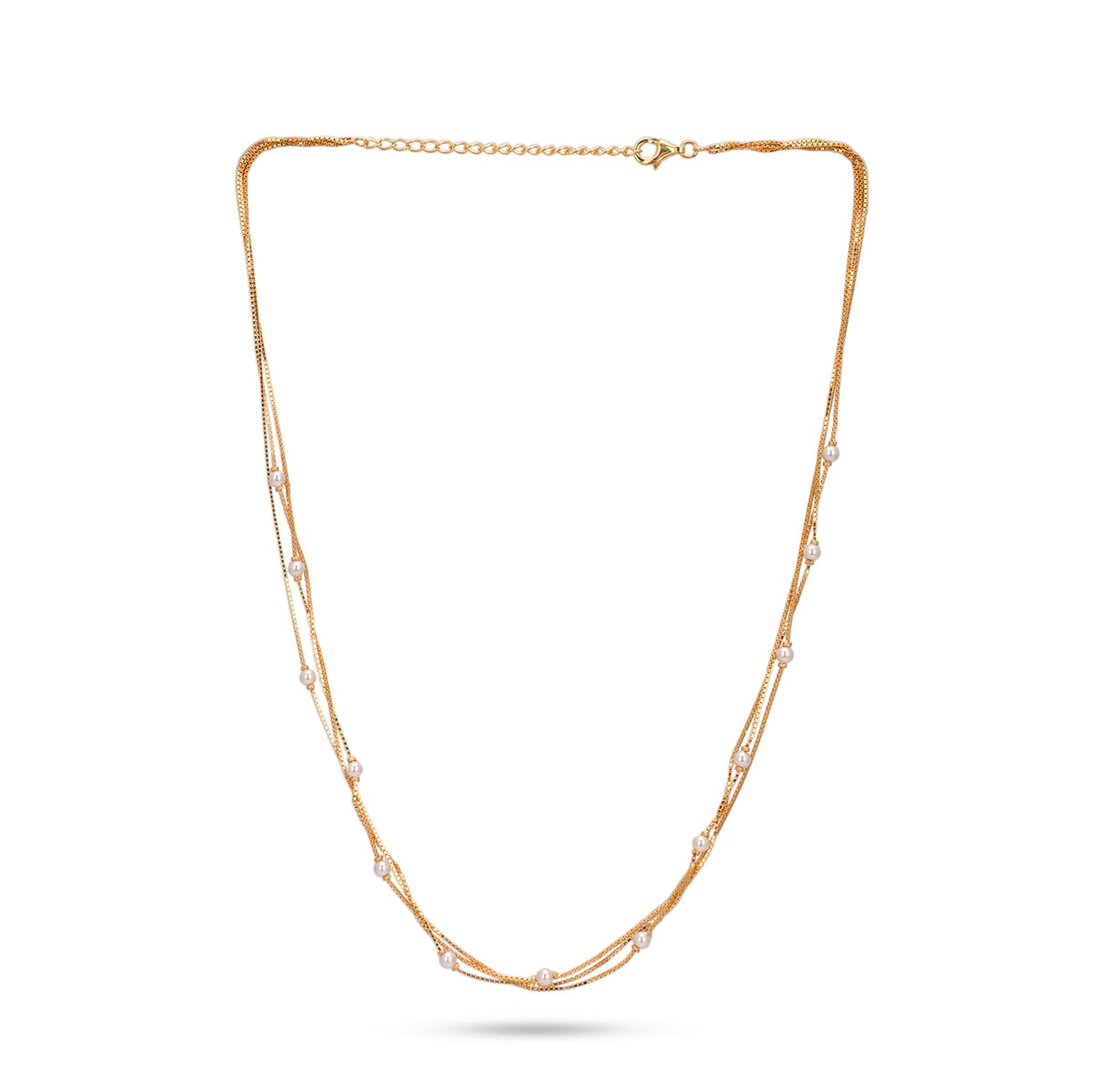 Gold necklace with small pearls on a white background