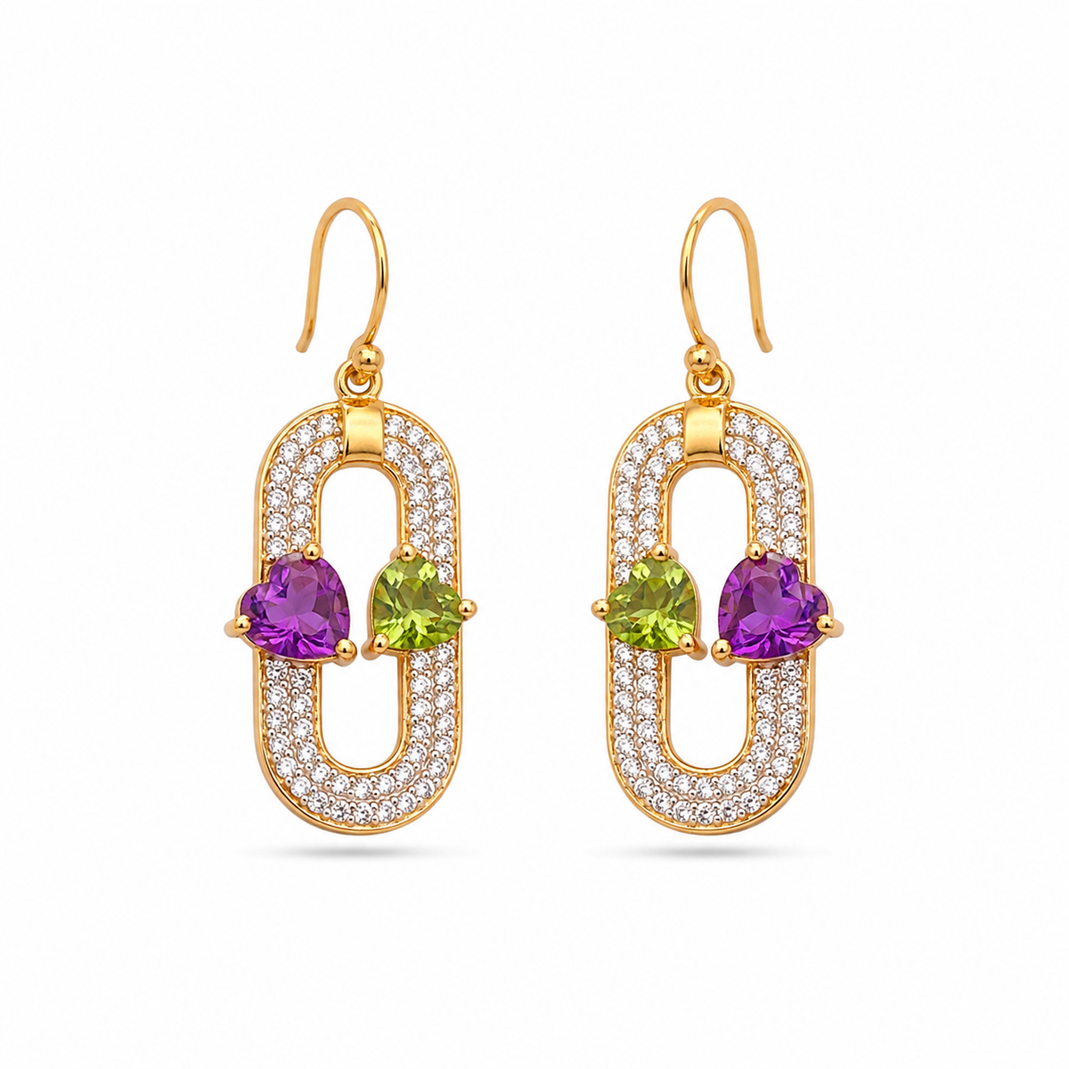 Amethyst, Peridot Heart Shape Stone Silver Earrings