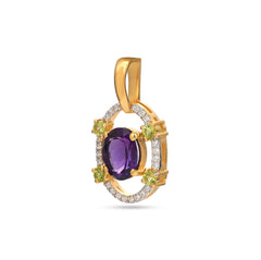 Gold pendant with purple gemstone and green accents on a white background