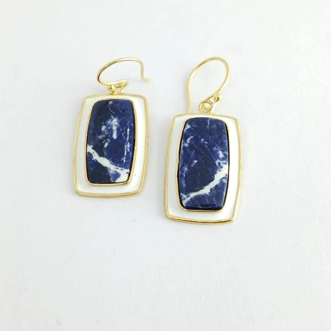 Square Blue Sodalite Silver Earring With White Enamel