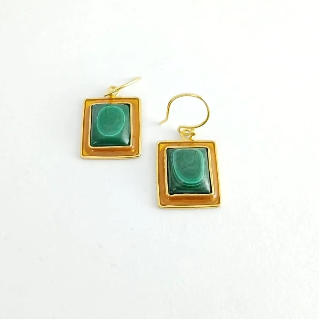 Square Green Malachite Silver Earring With Yellow Enamel