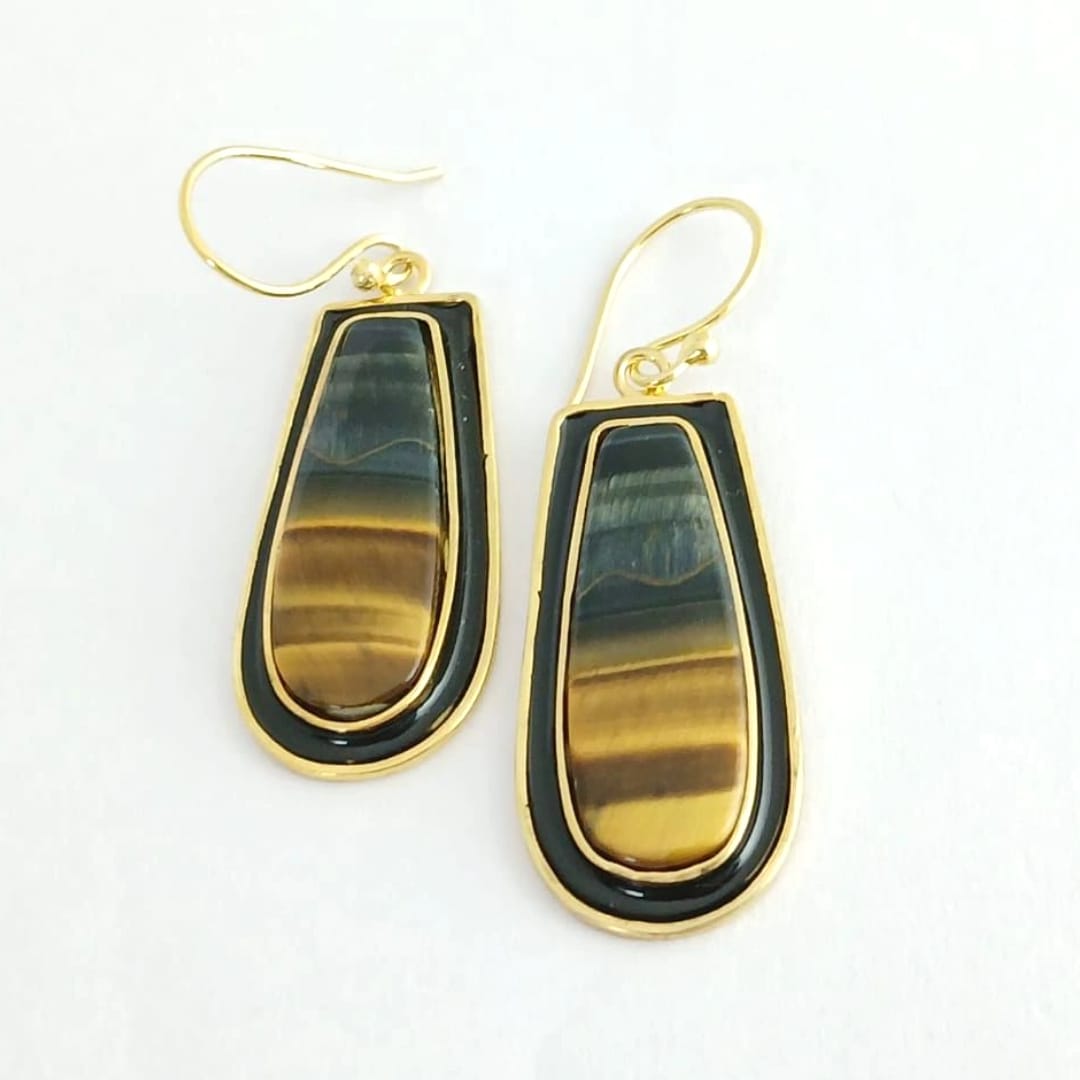 Tiger's Eye Silver Earring With Black Enamel
