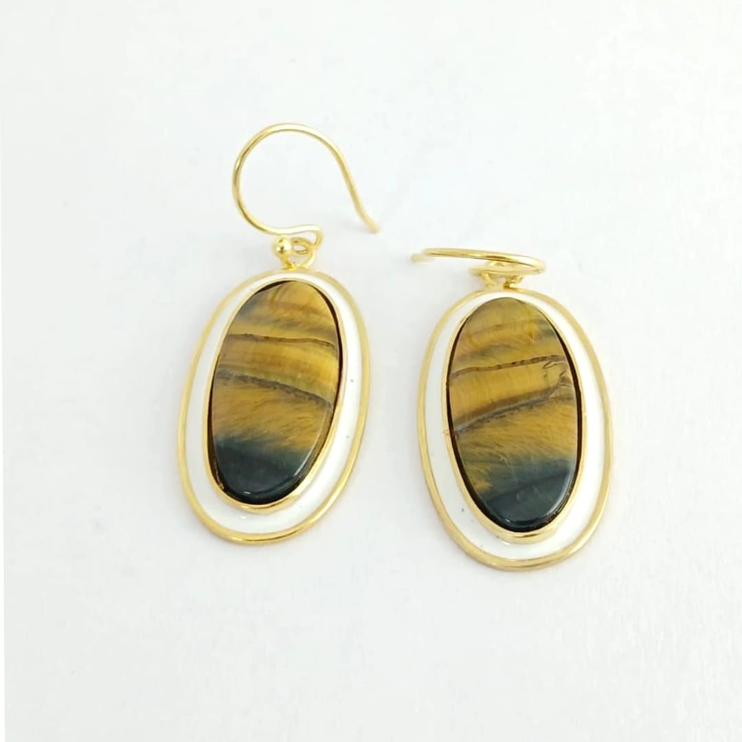 Tiger's Eye Silver Earring With White Enamel