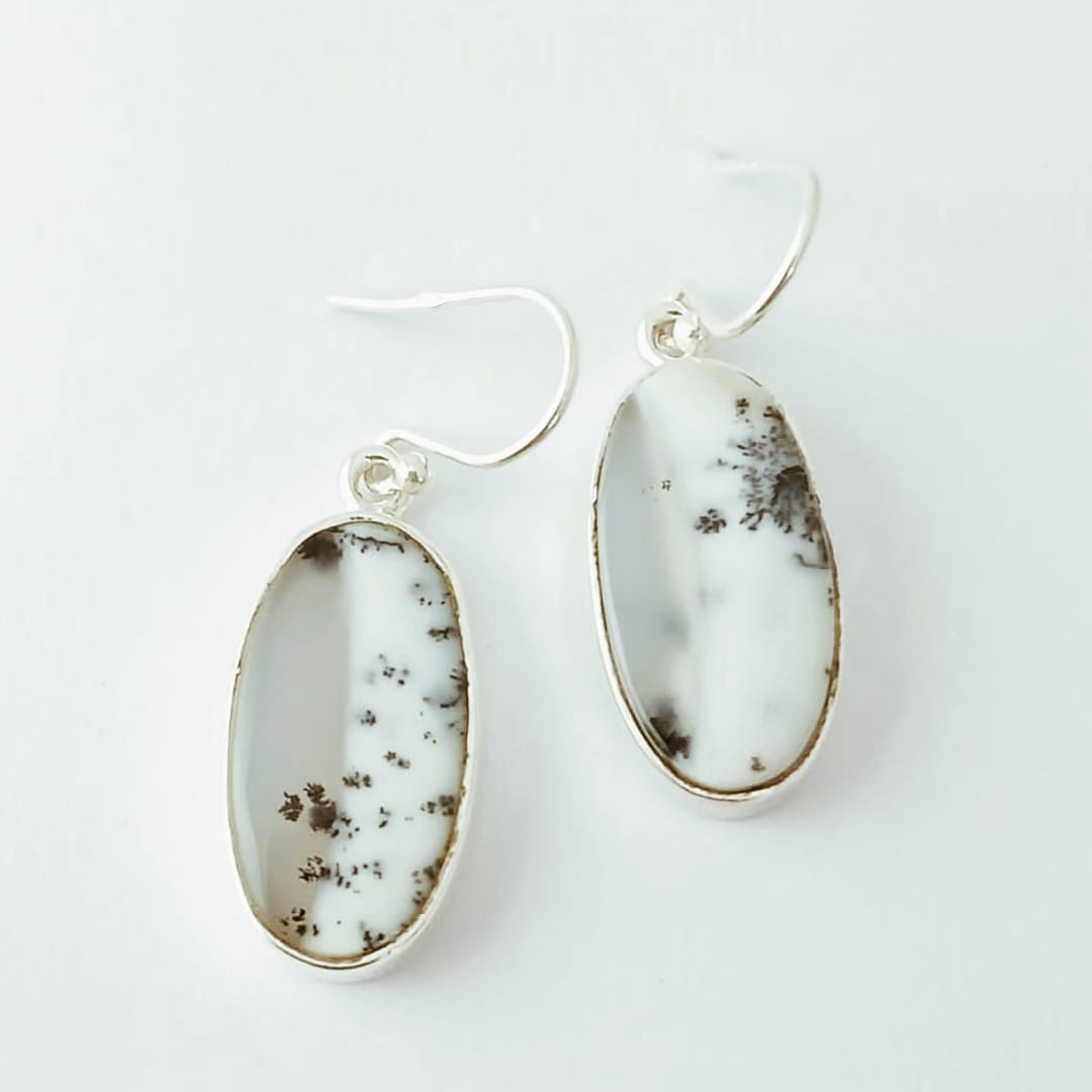 Oval White and Grey Dendritic Agate Silver Earring