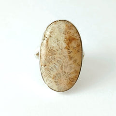 Oval Beige Fossil Coral Silver Ring