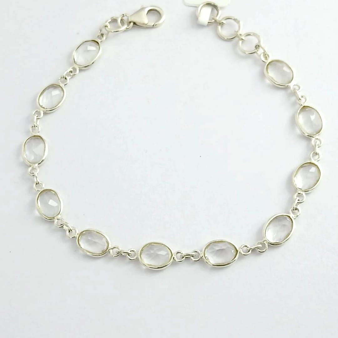 Oval White Crystal Quartz Silver Bracelet