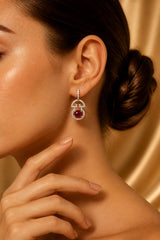 Oval Garnet Stone With Cz Silver Earrings