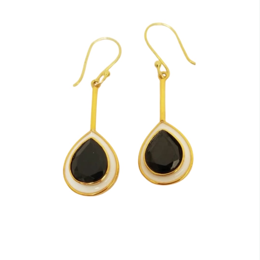 Pear black spinel with white enamel earrings