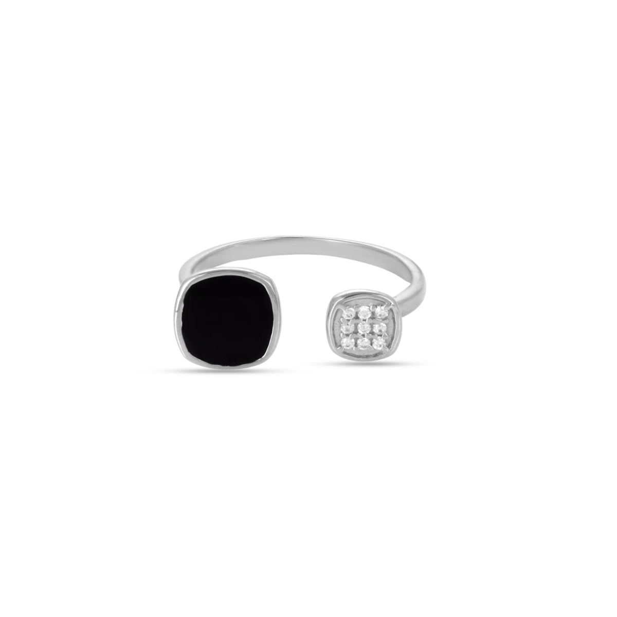 Black Enamel With CZ 925 Silver Adjustable Ring