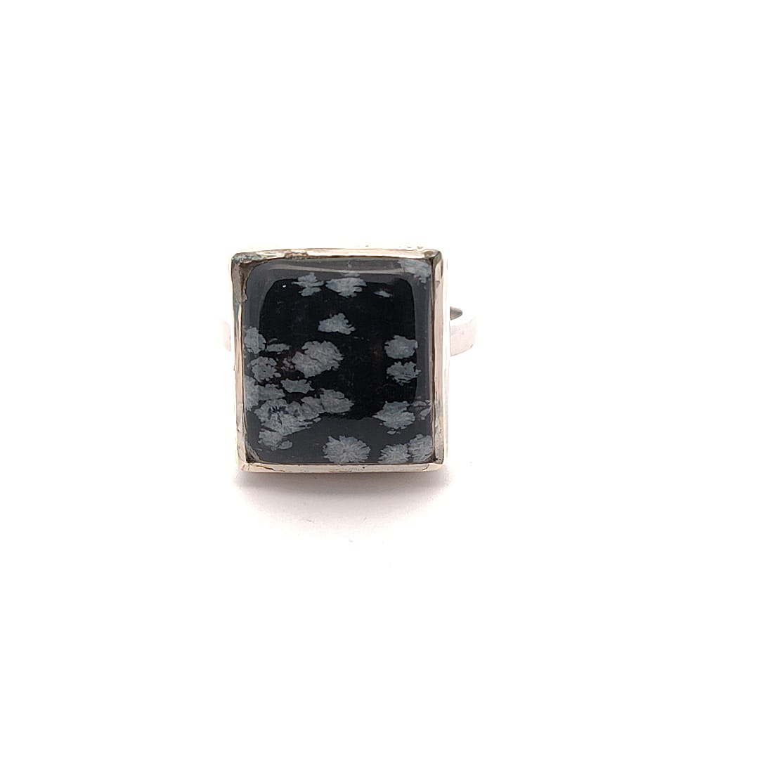 Square Snowflake Obsidian Stone Silver Ring
