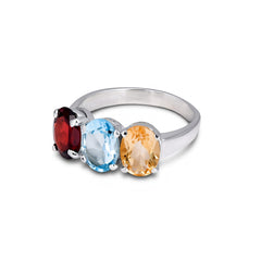 Trio Gem Citrine, Garnet & Blue Topaz Ring in 925 Sterling Silver